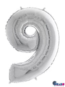 Silver Grabo foil balloon shaped as number 9, 26 inches tall, shiny metallic finish, perfect for celebrations and events.