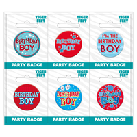 Six small Tiger Feet birthday badges with open designs, perfect for party decorations or fun celebrations.