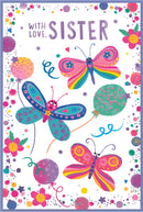 Simon Elvin C75 birthday sister cards, set of 6 featuring colorful designs and festive messages for celebrating a special sister.