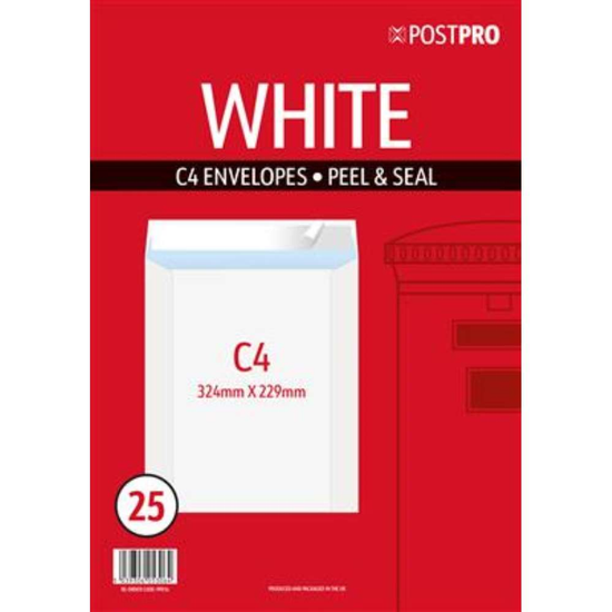 25pk Envelopes C4 229x324mm White Peal&Seal