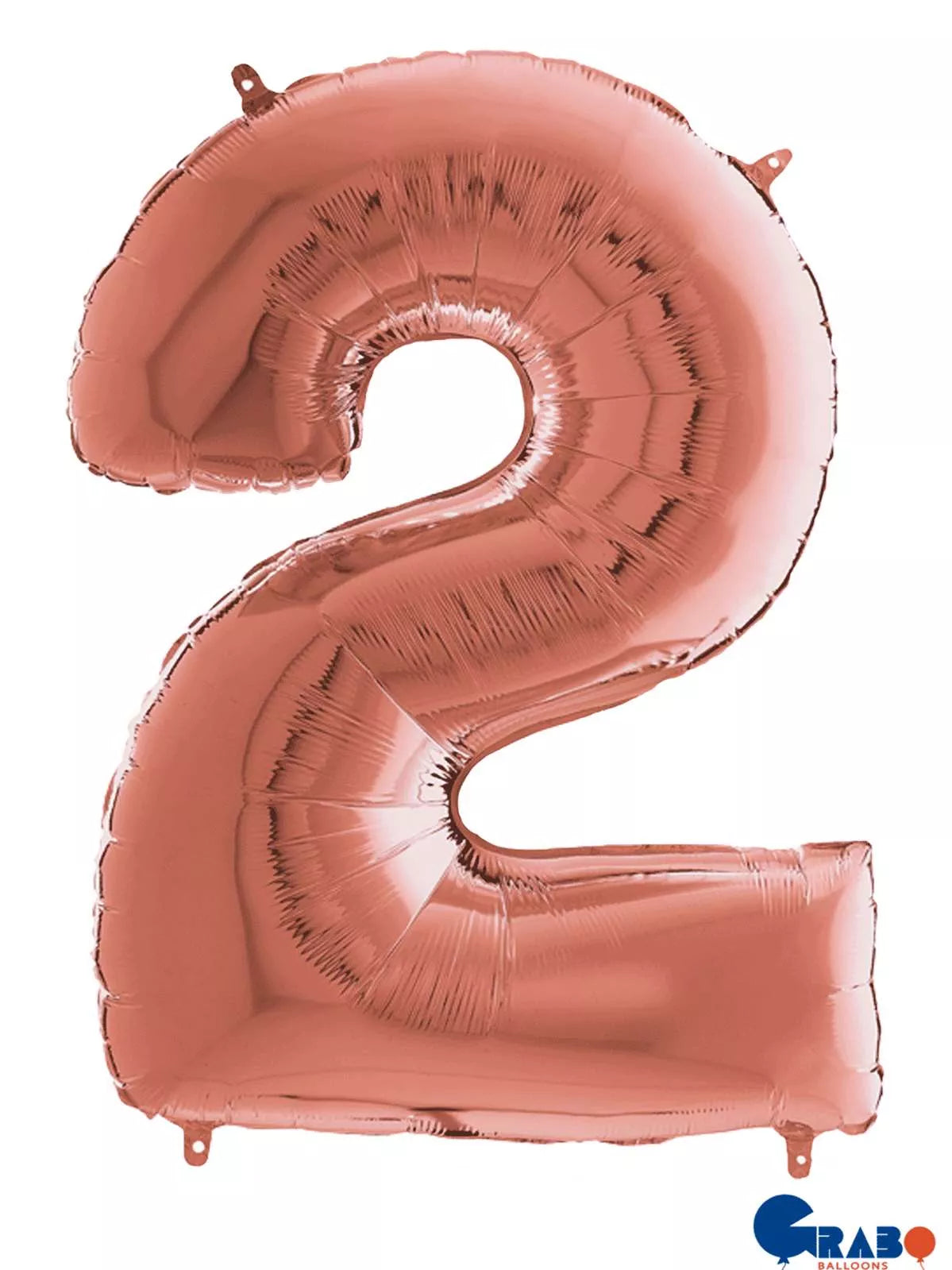 Grabo rose gold foil balloon shaped as the number 2, measuring 26 inches, suitable for celebrations and events.