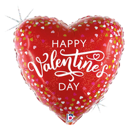 Pink Grabo foil balloon featuring red and white confetti hearts, 18-inch Valentine's Day balloon for celebrations.