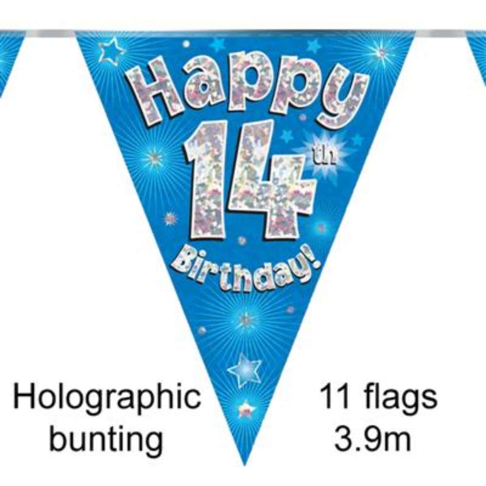 Bunting 11 Flags Blue Holographic Birthday Age 14