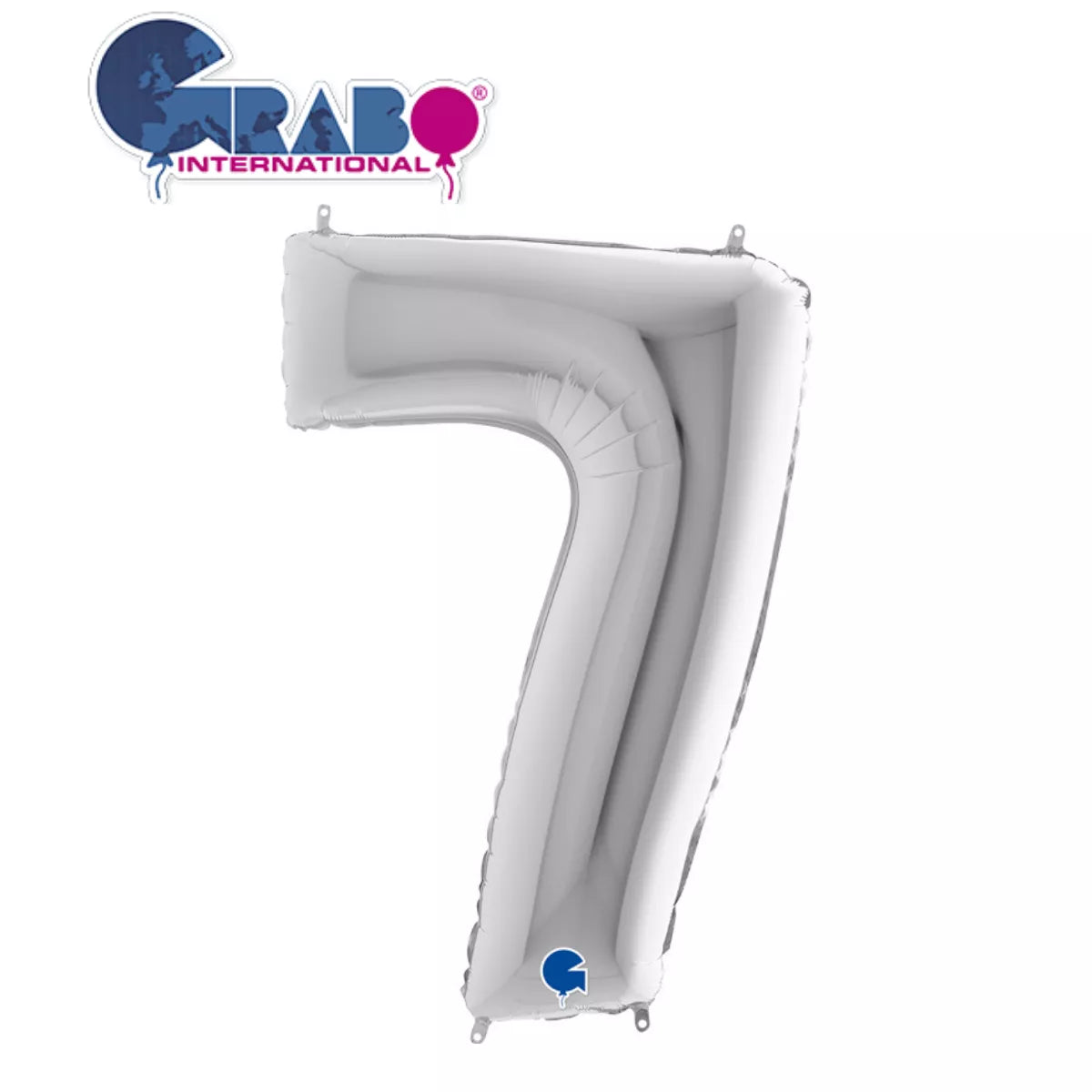 Silver Grabo foil balloon in the shape of the number 7, measuring 40 inches, ideal for celebrations and decorations.