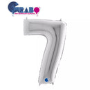 Silver Grabo foil balloon in the shape of the number 7, measuring 40 inches, ideal for celebrations and decorations.