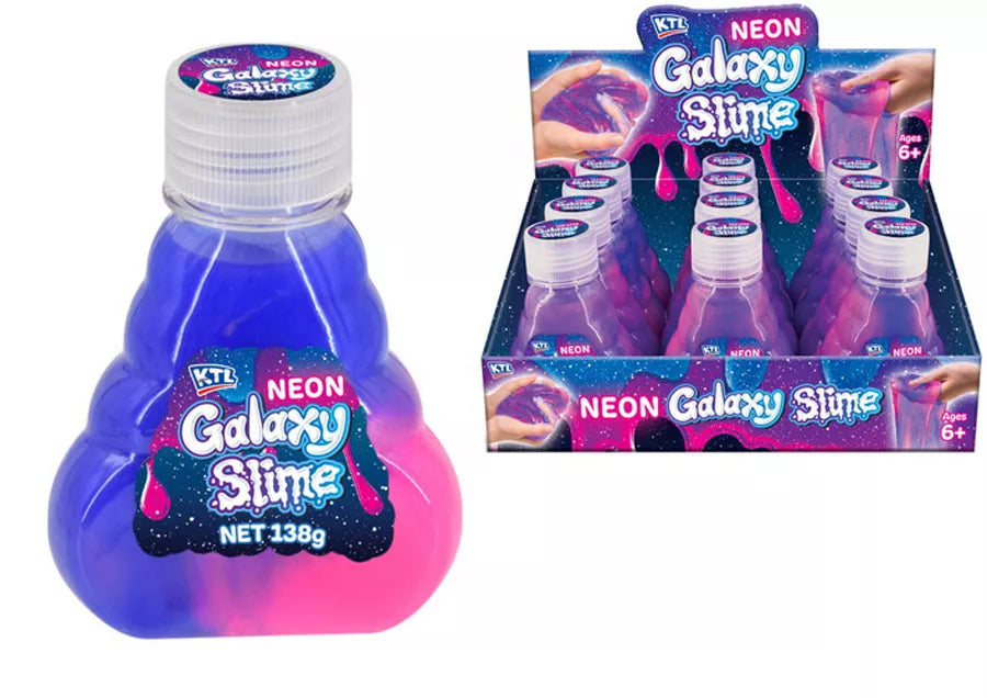 Bright neon galaxy slime toy by Kandy Toys with swirling purple, blue, and pink colors in a soft, stretchy slime form.