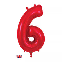 Oaktree red foil balloon shaped as number 6, 34 inches tall, with shiny metallic finish and bold red color.