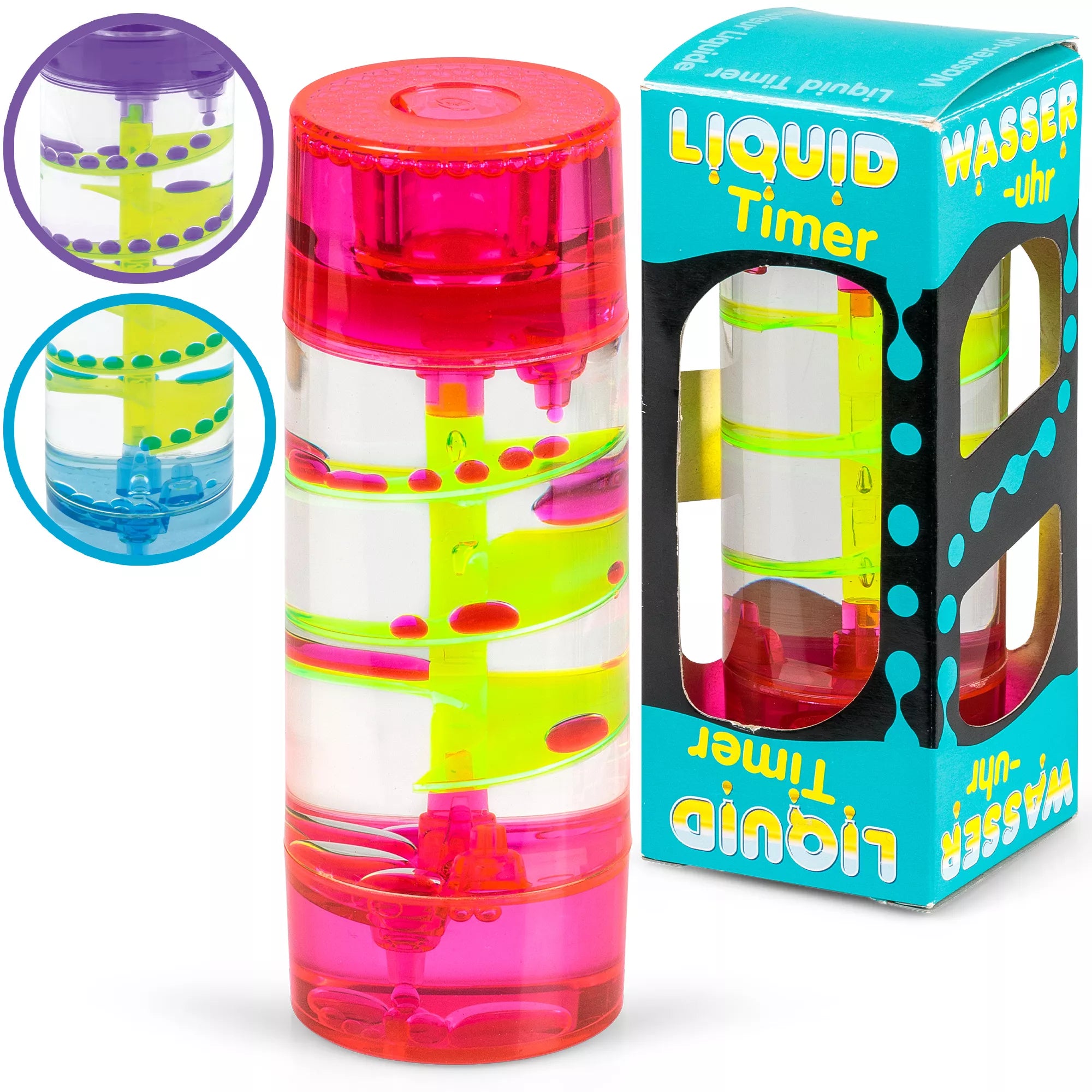 Flip N Flow Liquid Timer toy by One For Fun, featuring colorful flowing liquid inside a clear timer for sensory play.