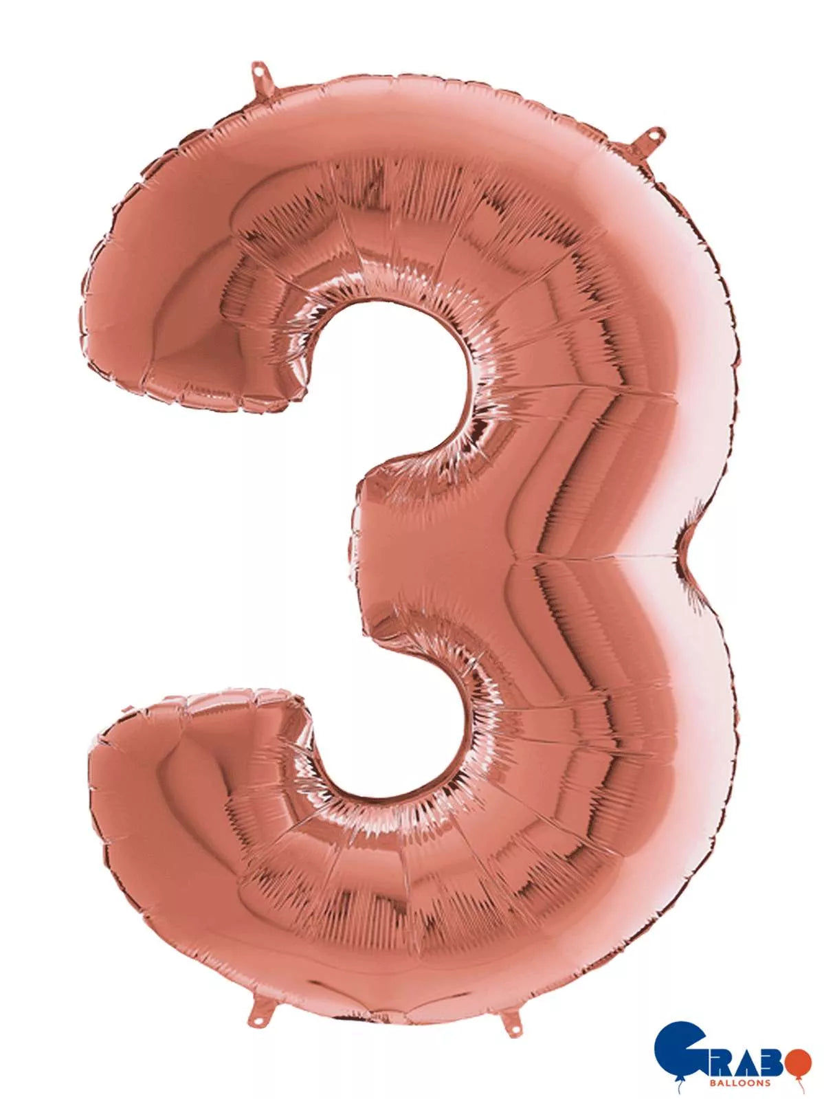 Rose gold Grabo foil balloon in number 3 design, 26 inches tall, shiny metallic finish, perfect for celebrations and parties.