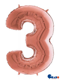 Rose gold Grabo foil balloon in number 3 design, 26 inches tall, shiny metallic finish, perfect for celebrations and parties.
