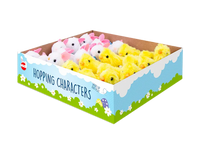 Colorful Gem Imports hopping Easter bunny and chick toys, 24-pack, featuring cheerful springtime characters for kids.