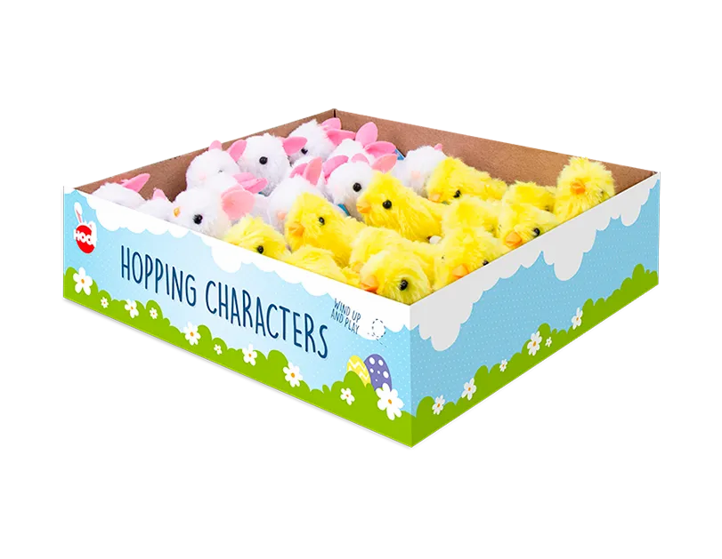 Colorful Gem Imports hopping Easter bunny and chick toys, 24-pack, featuring cheerful springtime characters for kids.