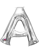 Silver 34-inch Anagram foil balloon in the shape of the letter A, shiny and reflective, perfect for celebrations.