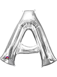 Silver 34-inch Anagram foil balloon in the shape of the letter A, shiny and reflective, perfect for celebrations.