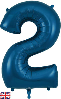 Oaktree navy blue foil balloon shaped as the number 2, 34 inches tall, with a shiny metallic finish.