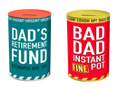 Gem Imports 2-pack money tins labeled "Dad" with secure lids, ideal gift boxes for cash or small valuables.
