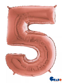 Rose gold Grabo foil balloon shaped as number 5, measuring 26 inches, with shiny metallic finish and decorative details