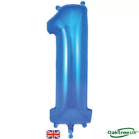 Blue Oaktree foil balloon shaped as the number 1, measuring 34 inches, designed for celebrations and decorations.