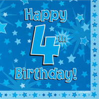 4th Birthday Blue 3-ply Napkins 33x33cm 16pk