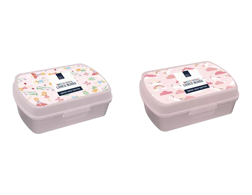 Pair of unicorn and fairy lunch boxes from Gem Imports, 12x17x6cm, with colorful whimsical designs for kids' meals.