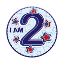 Six small birthday badges with age 2 from Tiger Feet, featuring colorful designs for celebration.