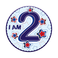 Six small birthday badges with age 2 from Tiger Feet, featuring colorful designs for celebration.