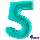 Grabo Tiffany blue foil balloon shaped as the number 5, 40 inches tall, with shiny metallic surface for celebrations and parties.