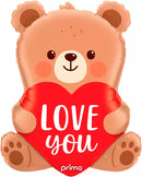 Prima Love You Bear foil balloon, 27-inch shiny gold foil balloon featuring a cute bear design with love message.