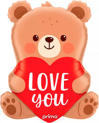 Prima Love You Bear foil balloon, 27-inch shiny gold foil balloon featuring a cute bear design with love message.