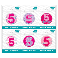 Six small Tiger Feet birthday badges with the number 5, featuring colorful designs for celebrating a fifth birthday.