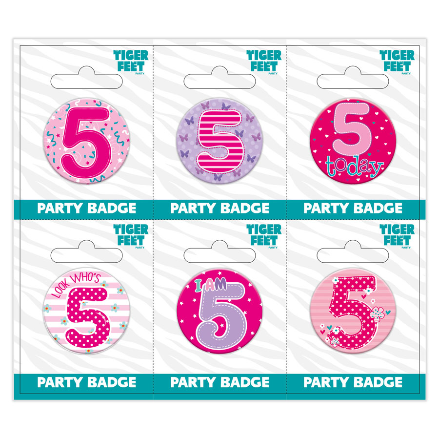 Six small Tiger Feet birthday badges with the number 5, featuring colorful designs for celebrating a fifth birthday.