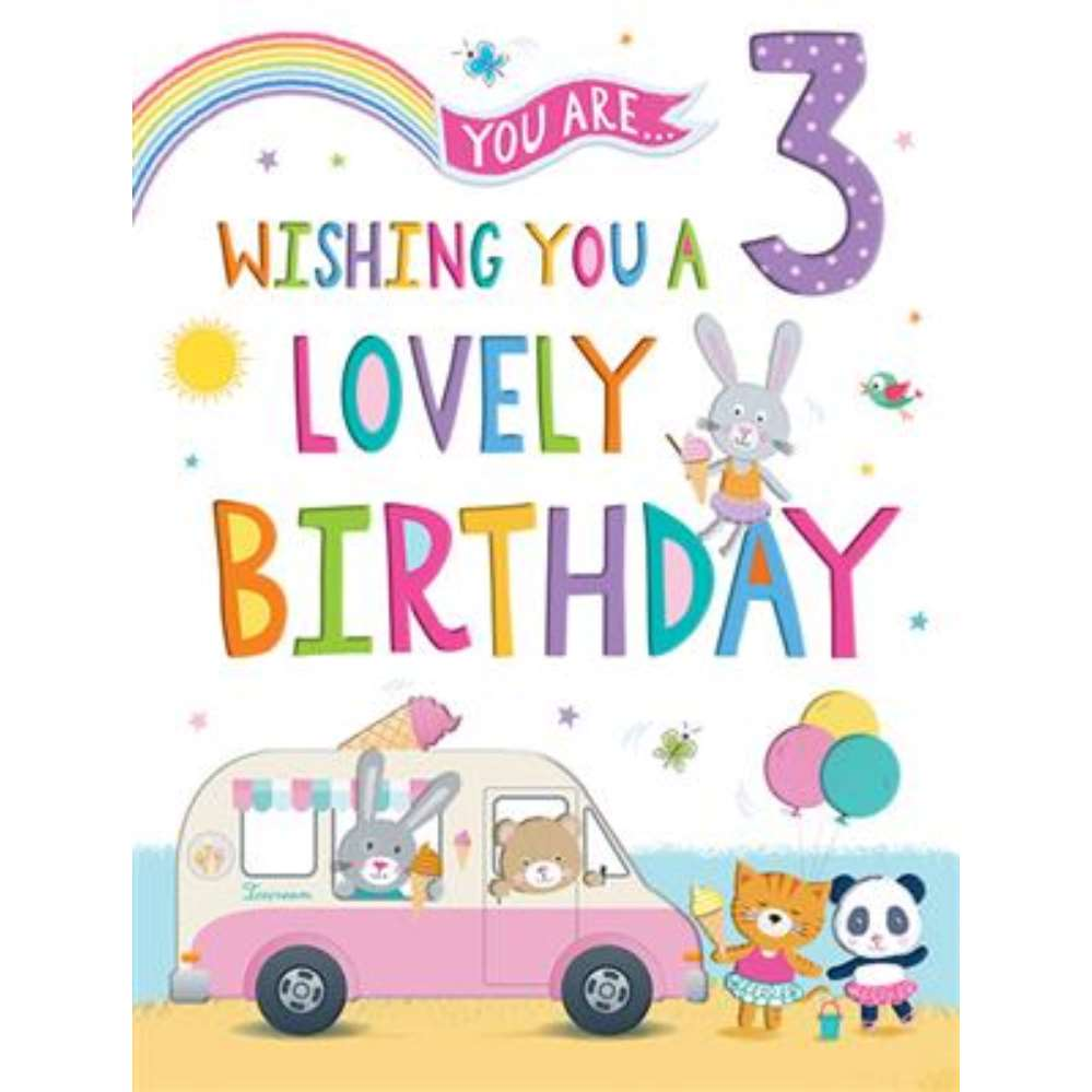 Set of six Regal birthday cards featuring colorful rainbow designs and age 3 messaging, ideal for celebrating young children's birthdays.