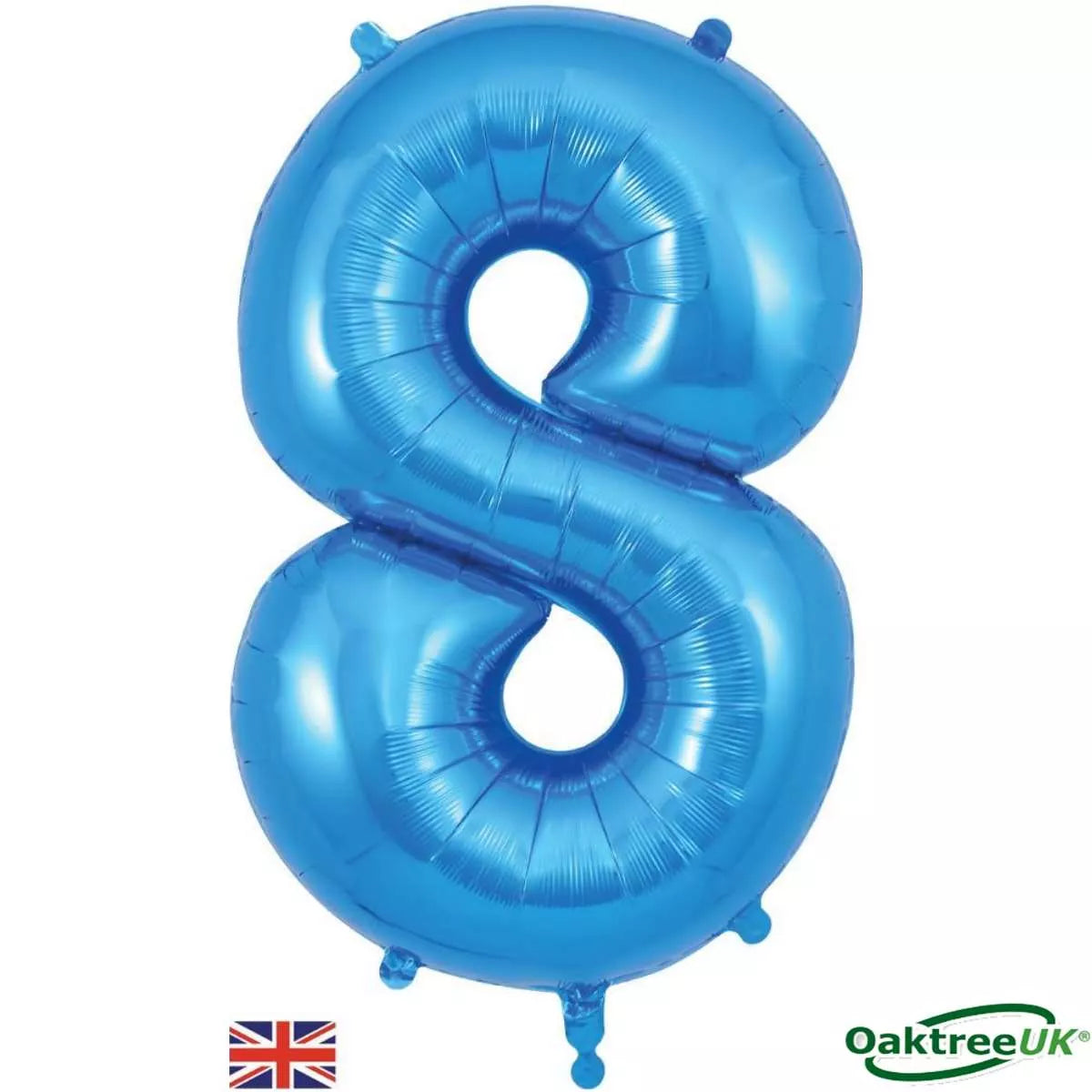 Oaktree blue foil balloon shaped as the number 8, 34 inches tall, with shiny metallic finish for celebration decorations.