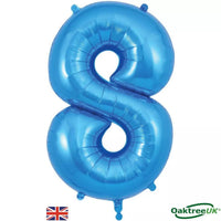 Oaktree blue foil balloon shaped as the number 8, 34 inches tall, with shiny metallic finish for celebration decorations.