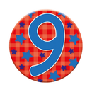 Six small Tiger Feet birthday badges featuring the age 9, perfect for party decorations and celebrations.
