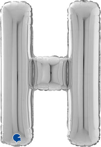 Silver Grabo foil balloon in the shape of the letter H, measuring 26 inches, with a shiny metallic finish.