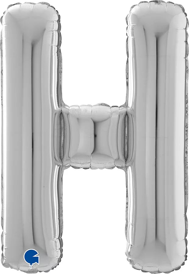Silver Grabo foil balloon in the shape of the letter H, measuring 26 inches, with a shiny metallic finish.