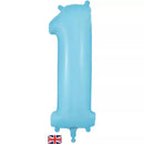 Oaktree matte blue foil balloon shaped as number 1, 34 inches tall, with shiny surface and bold numeral design.