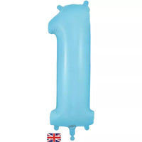 Oaktree matte blue foil balloon shaped as number 1, 34 inches tall, with shiny surface and bold numeral design.