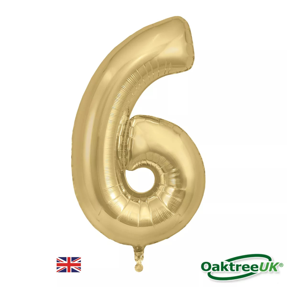 Oaktree gold foil balloon shaped as the number 6, 34 inches tall, shiny metallic finish, perfect for celebrations and parties.