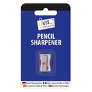 Tallon single hole metal pencil sharpener with a sleek silver finish, designed for precise sharpening of pencils.
