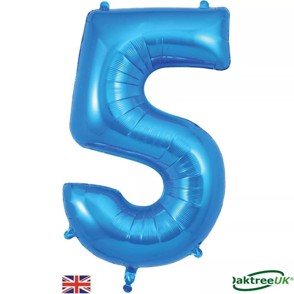 Blue Oaktree foil balloon shaped as the number 5, measuring 34 inches tall, perfect for celebrations and parties.