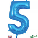 Blue Oaktree foil balloon shaped as the number 5, measuring 34 inches tall, perfect for celebrations and parties.