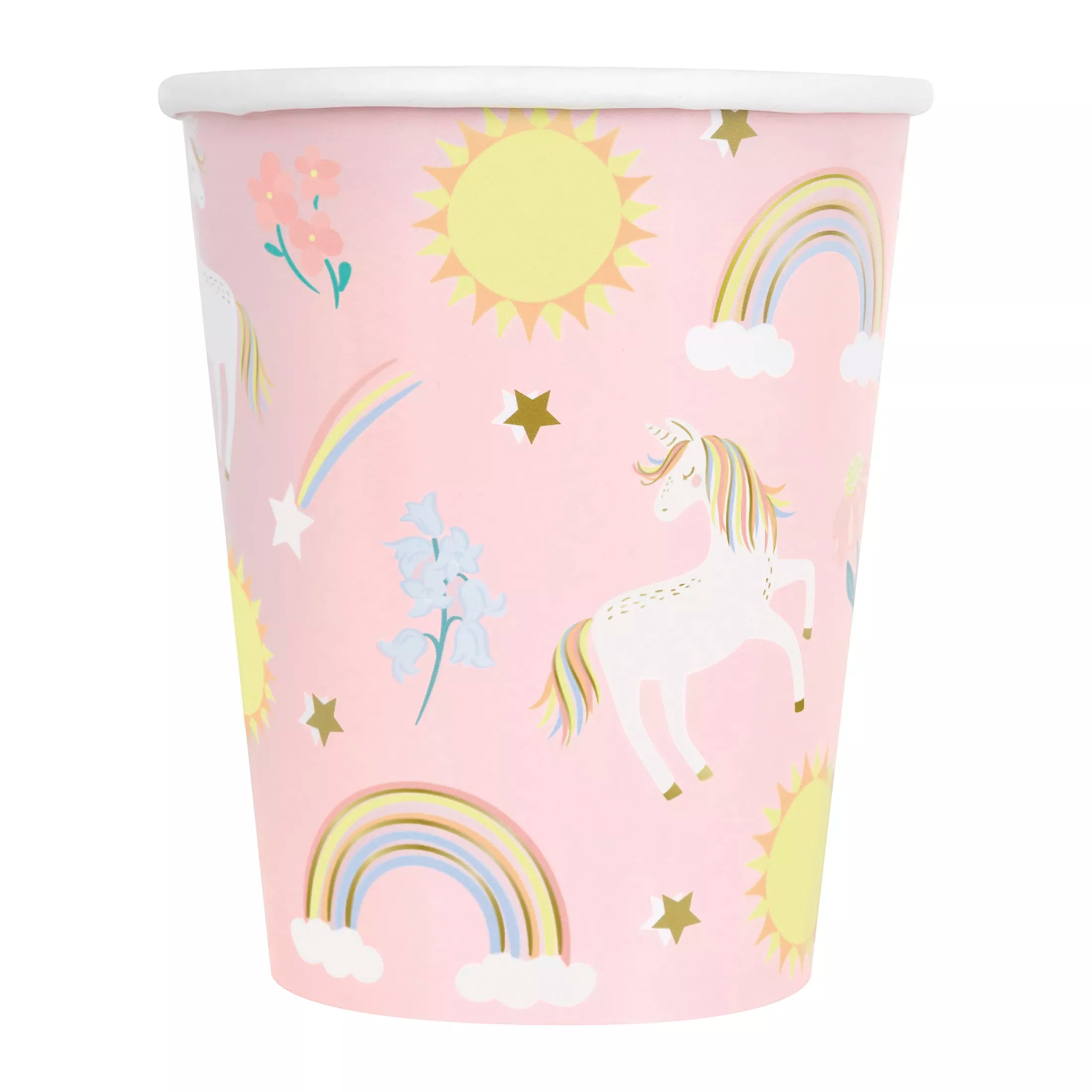 Set of 8 Unique dainty unicorn 9oz paper cups featuring colorful unicorn designs, perfect for parties and celebrations.