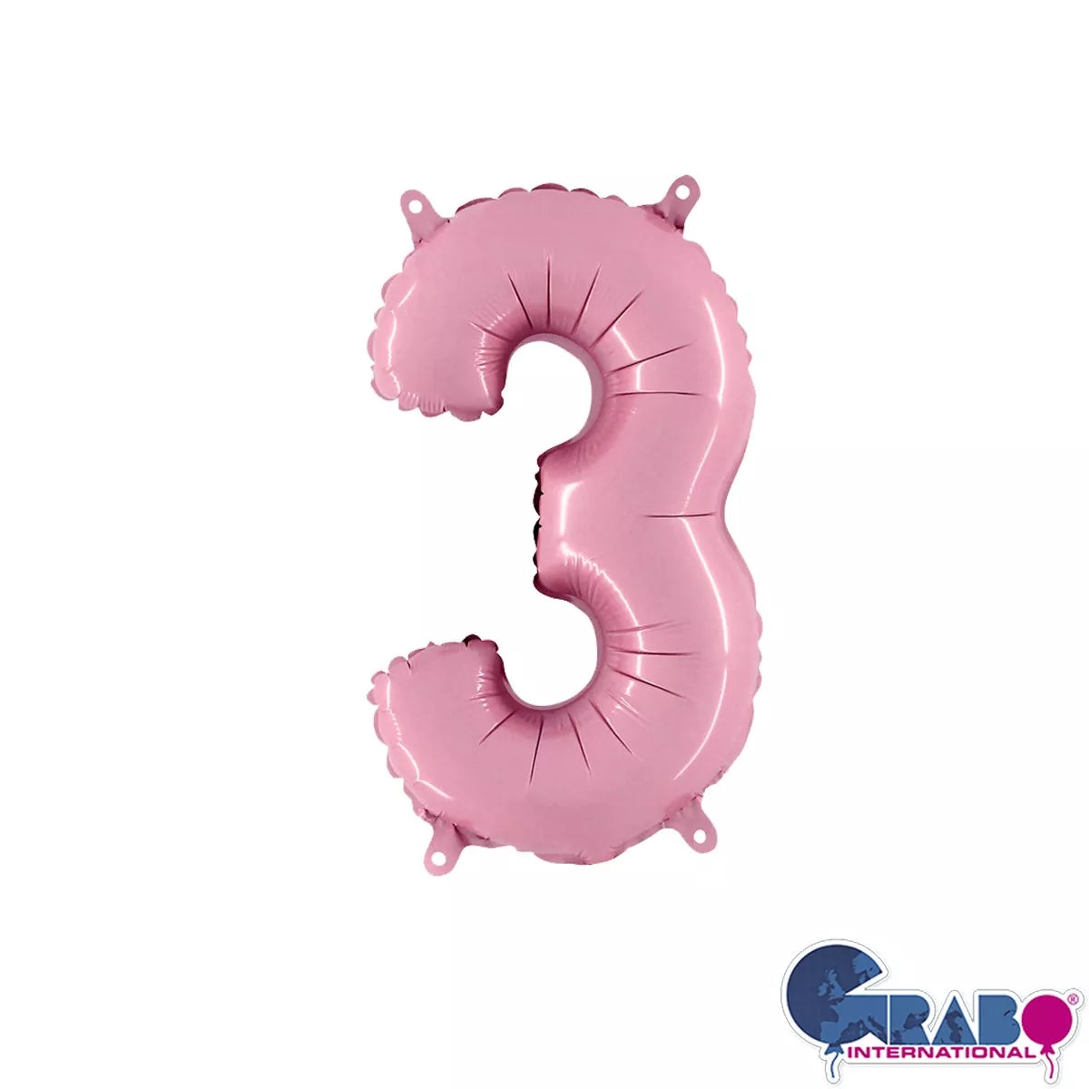 Pastel pink Grabo foil balloon in the shape of a number 3, 14-inch size, inflated and ready for celebration.