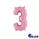 Pastel pink Grabo foil balloon in the shape of a number 3, 14-inch size, inflated and ready for celebration.