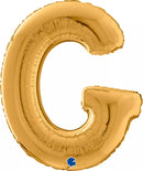 Gold Grabo foil balloon in the shape of the letter G, 26 inches tall, shiny metallic finish, floating against a plain background.