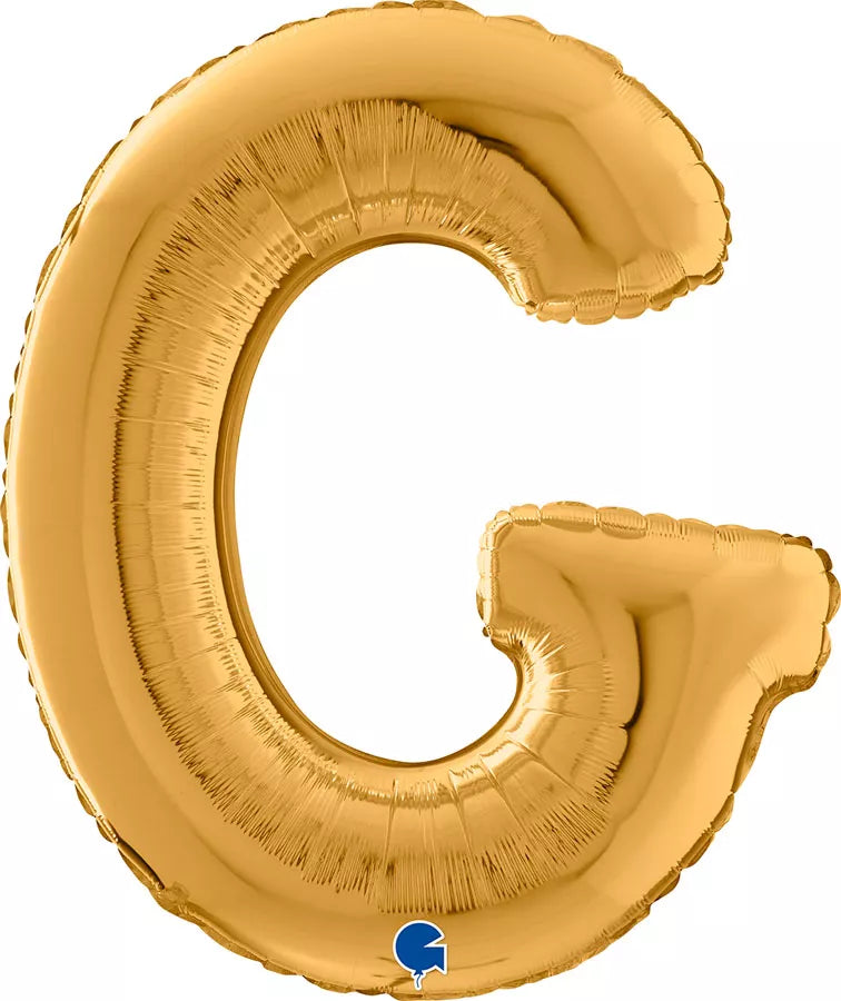 Gold Grabo foil balloon in the shape of the letter G, 26 inches tall, shiny metallic finish, floating against a plain background.