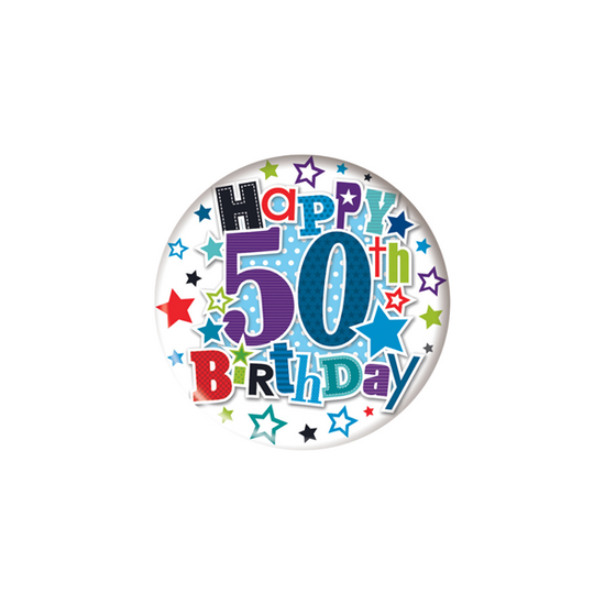 Happy 50th Birthday Small Blue Badges 55mm