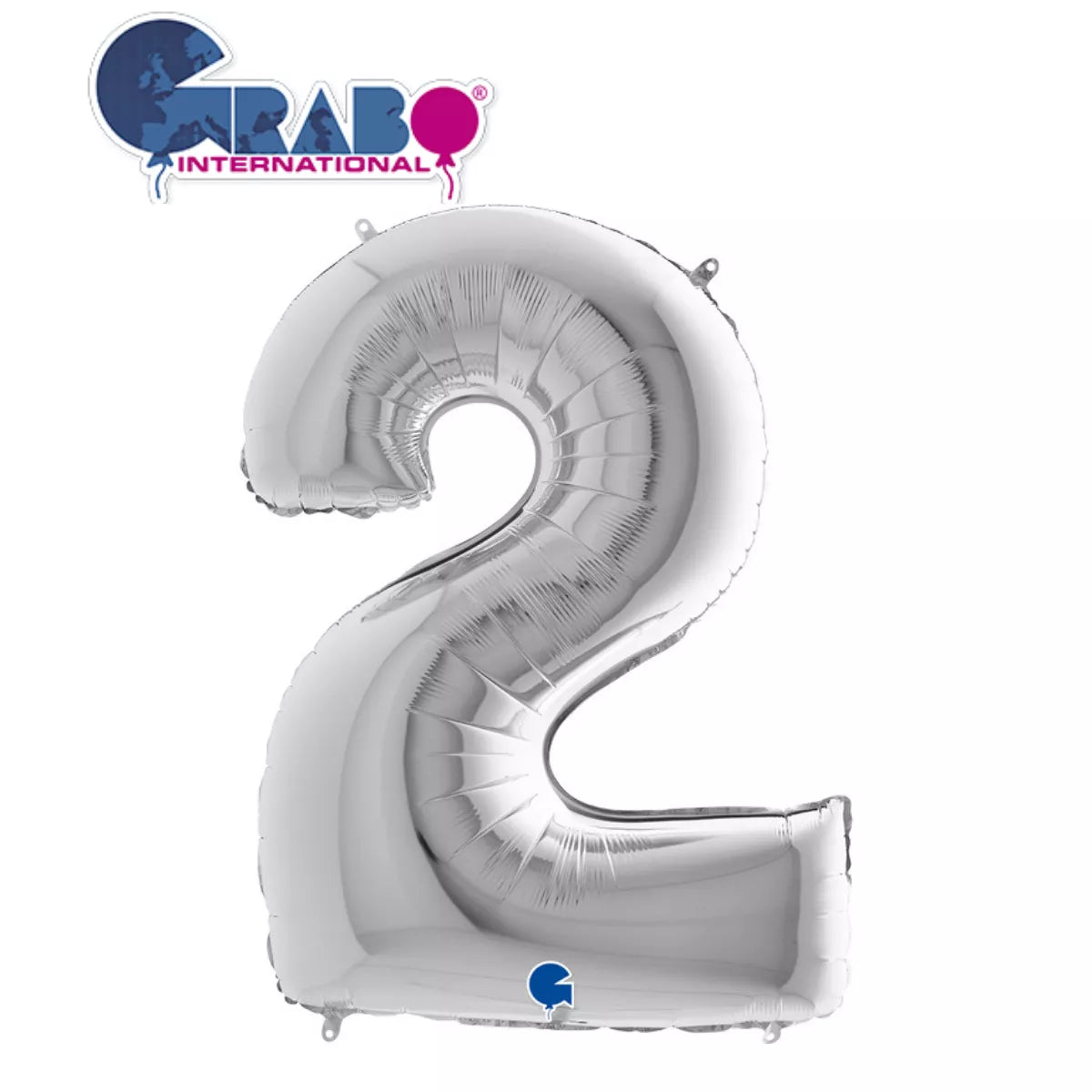 Silver Grabo foil balloon shaped as the number 2, 40 inches tall, ideal for celebrations and party decorations.